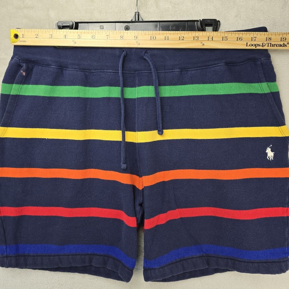 Polo Ralph Lauren Fleece Shorts Mens Large Navy Blue 7" Striped FLAWS - Picture 9 of 13